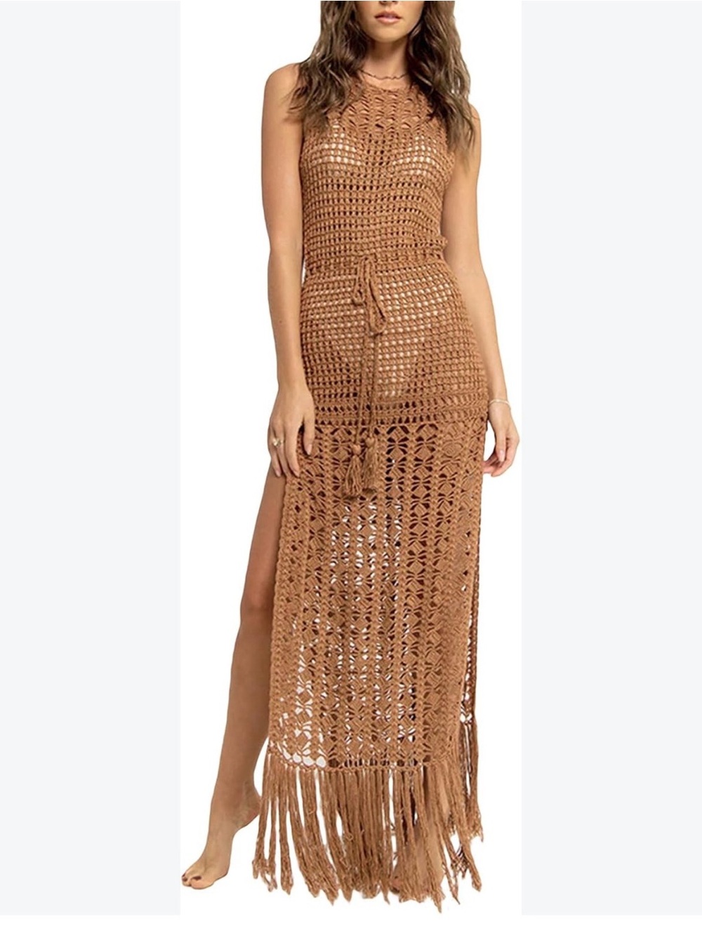 Brown Crochet Maxi Dress/Cover-Up with Fringe